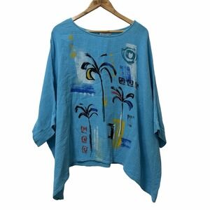 Jess & Jane Womens Mineral Washed Crinkle Cotton Gauze Top Size XL Blue Beachy